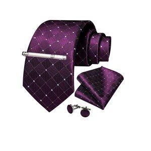 Men's Silk Tie + Pocket Square + Cufflinks + Tie Clip 4 Piece Set